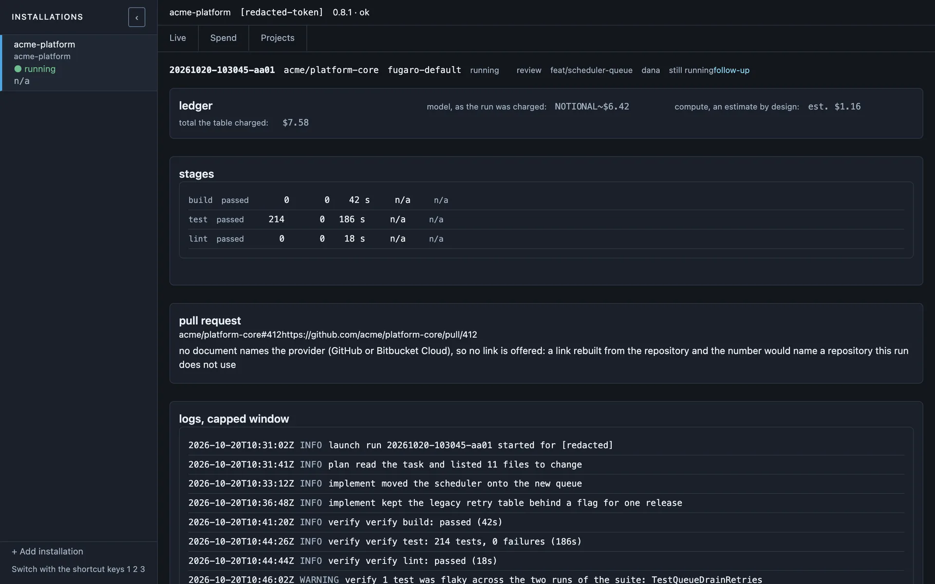 The run-detail screen for run 20261020-103045-aa01 (acme/platform-core): its stage ledger, its build, test and lint verification, three findings and the tail of its log.